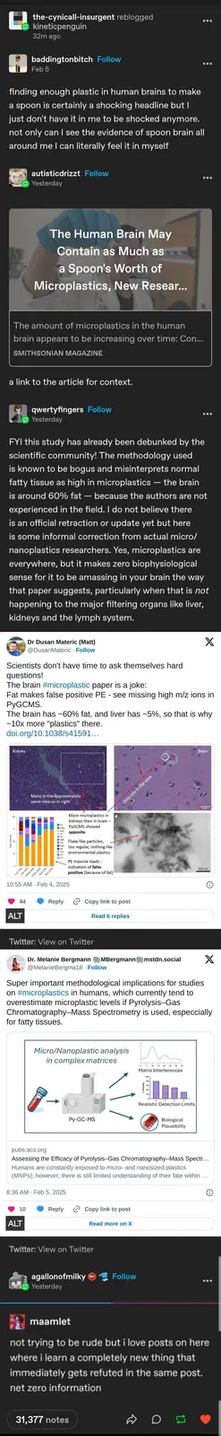 A screenshot of a social media thread discussing a study claiming human brains contain microplastics. The thread includes a…