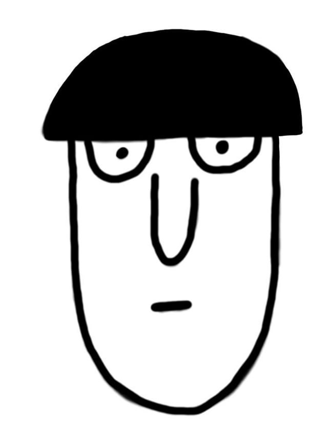 A simple black-and-white cartoon drawing of a face with a black cap, round glasses, a straight nose, and a neutral…