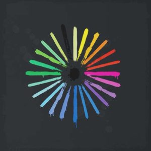 A dark gray background features a central black circle with colorful paintbrush strokes radiating outward in a fan shape…