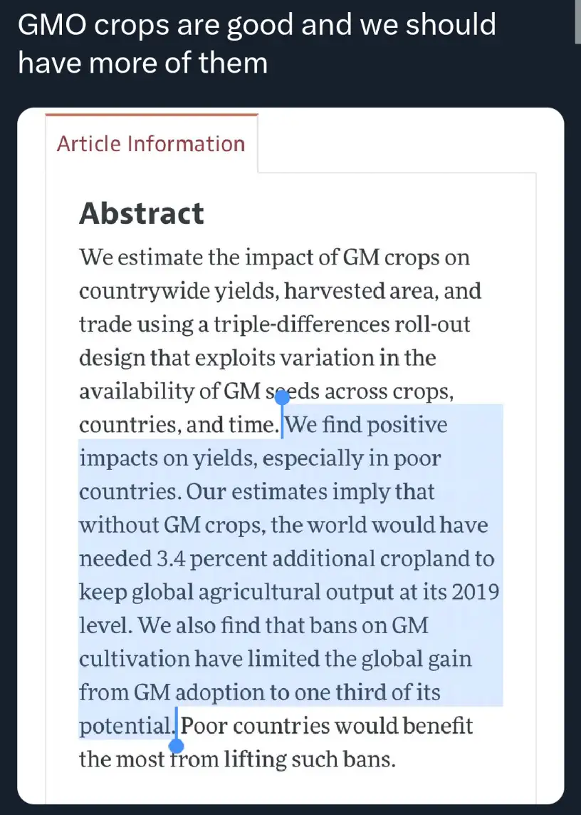 An image displays a screenshot of an academic paper's abstract, which discusses the positive impacts of GM crops on yields…