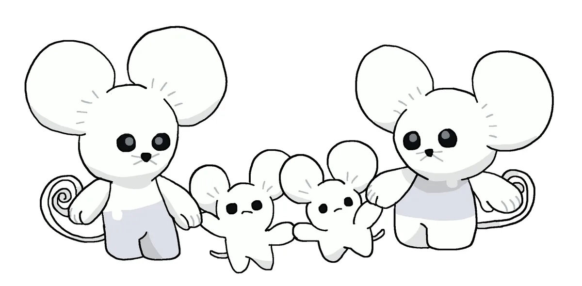 A black-and-white cartoon drawing shows four stylized mice holding hands in a line. Two larger mice flank two smaller mice…