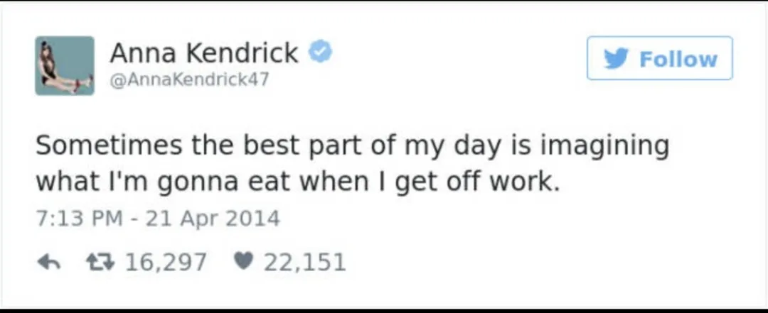 A screenshot of a 2014 tweet from Anna Kendrick's verified Twitter account, showing her profile picture, handle…