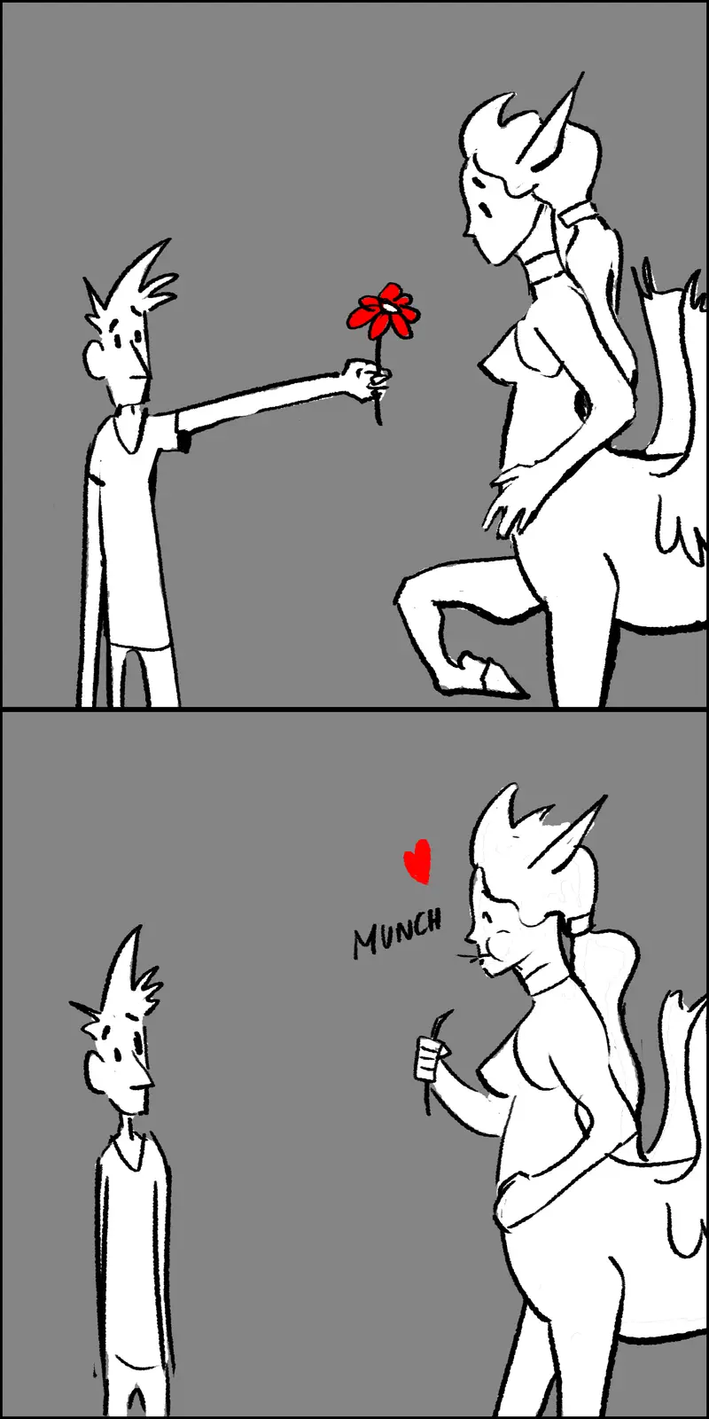 In a two-panel comic, a human-like figure offers a red flower to a horned, winged demon-like woman. In the second panel, she…