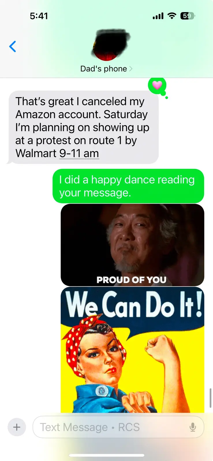 A screenshot of a text message conversation on 'Dad's phone' shows the sender announcing they canceled their Amazon account…