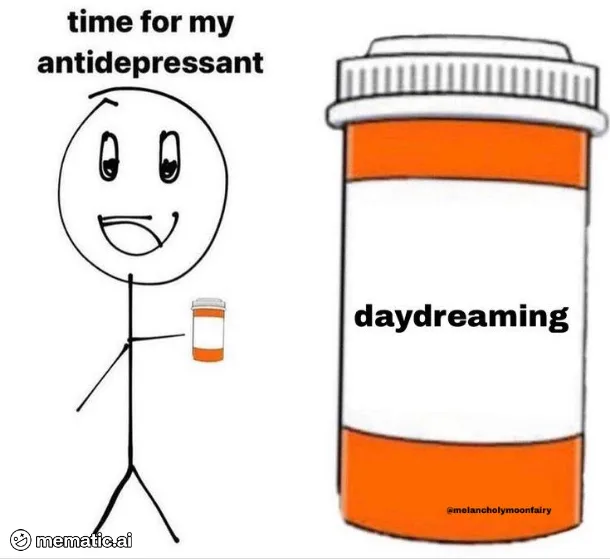 A stick figure with a cheerful expression holds a small pill bottle, with text above reading 'time for my antidepressant'…