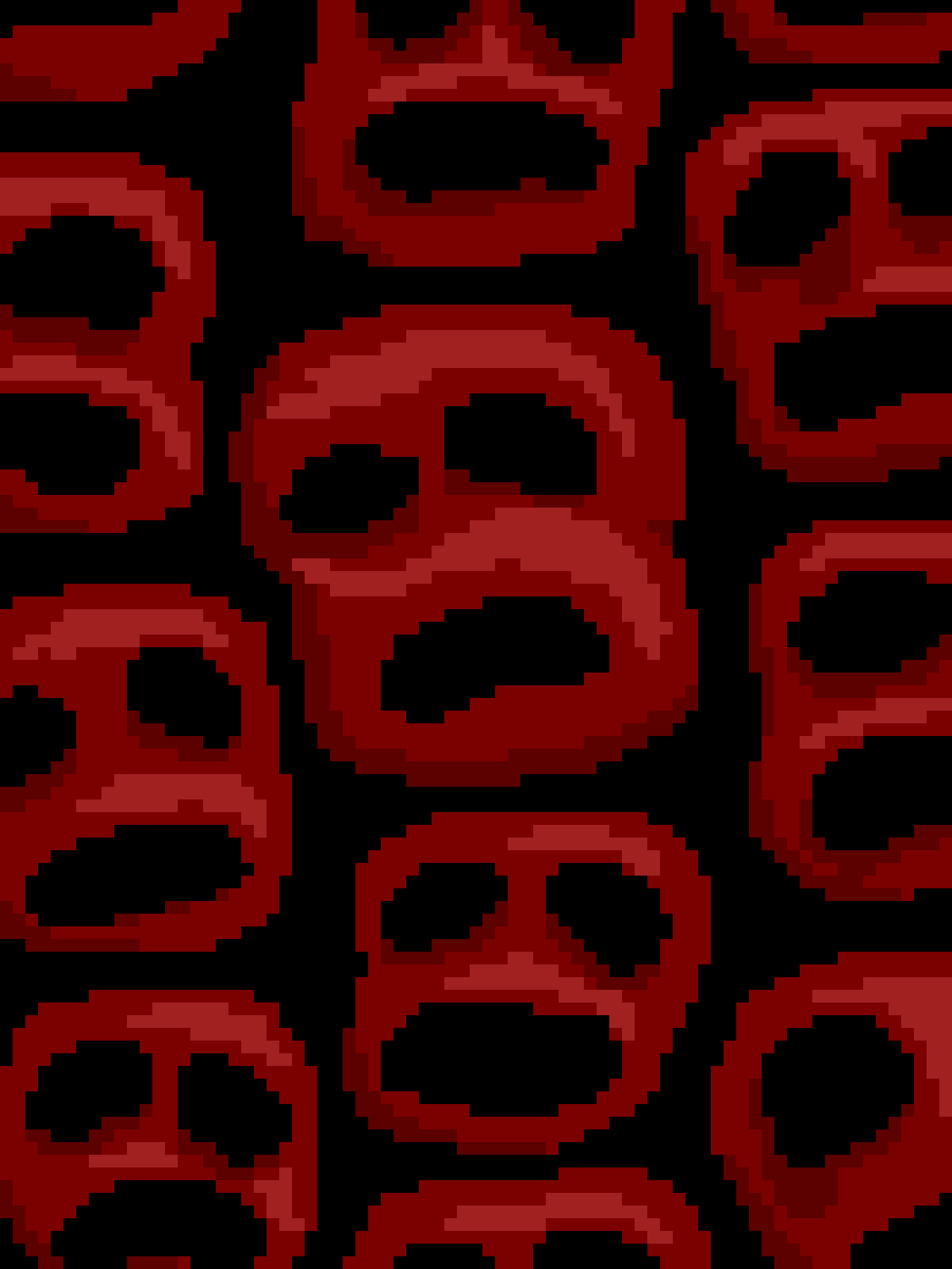 The image displays a repeating pattern of pixelated, low-resolution red faces with black eyes and mouths, resembling a…