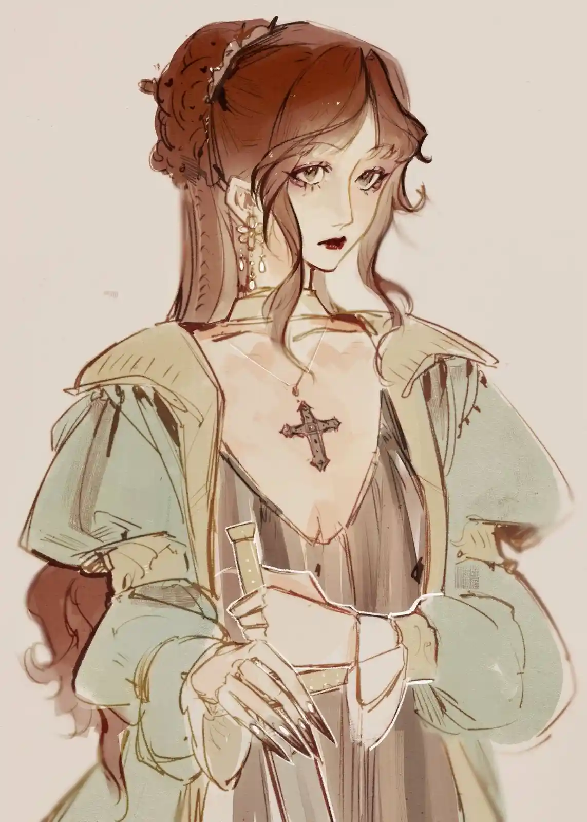 An anime-style illustration of a woman with brown hair in an updo, wearing a light green historical dress with puffy…