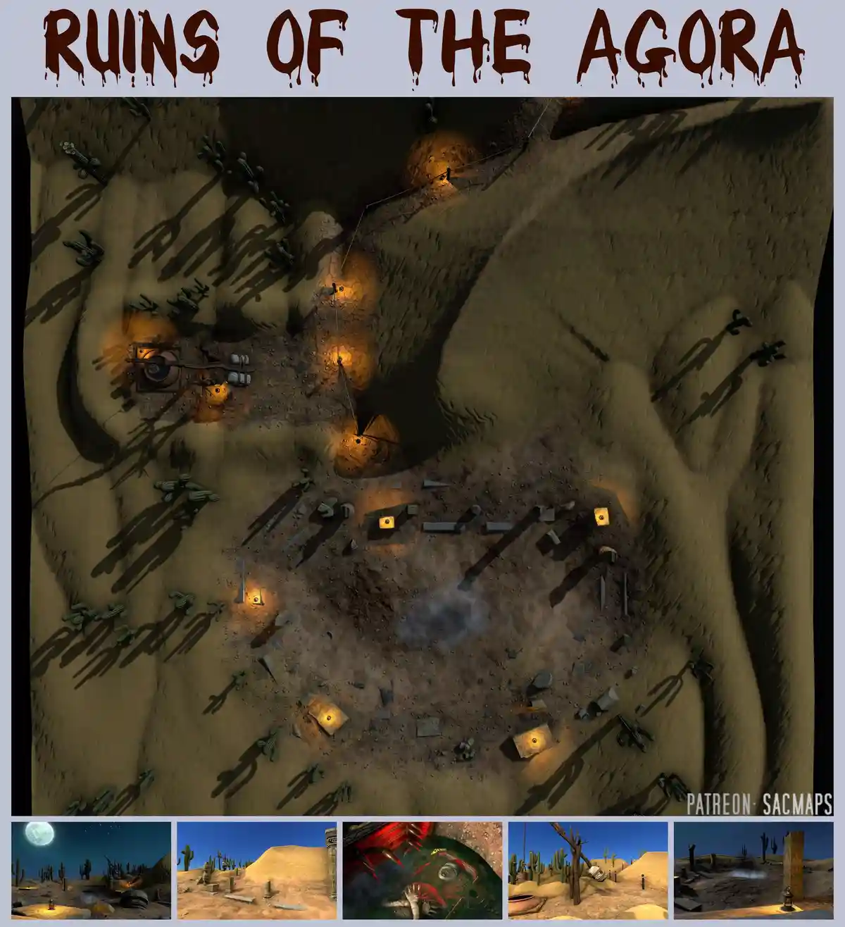 An overhead view of a desert map labeled 'RUINS OF THE AGORA' with scattered cacti, broken stone structures, and glowing…