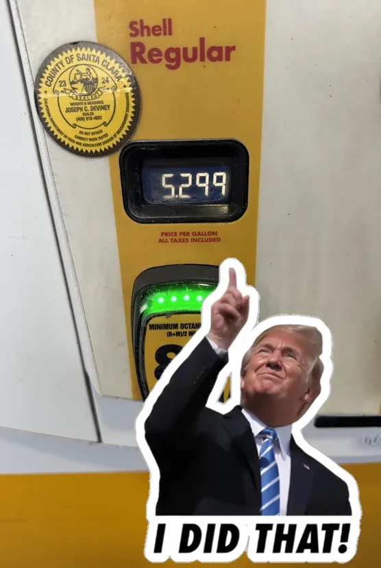 A close-up of a Shell gas pump displaying a price of $5.299 per gallon, with a circular 'County of Santa Clara' seal above…