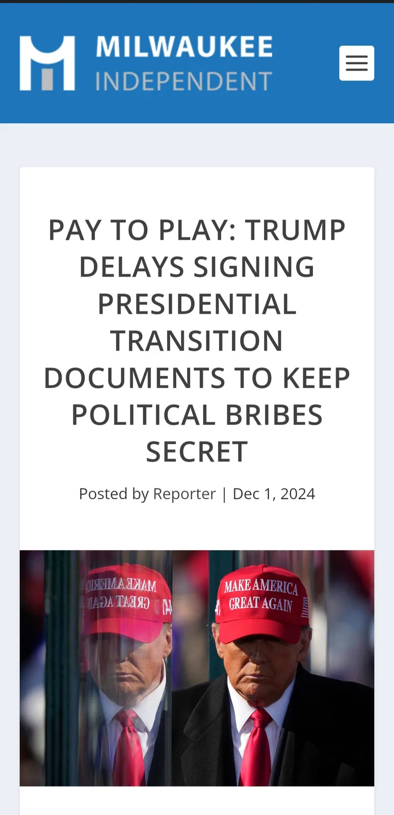 An image mimicking a news article from 'Milwaukee Independent' with a headline alleging Trump delayed signing transition…