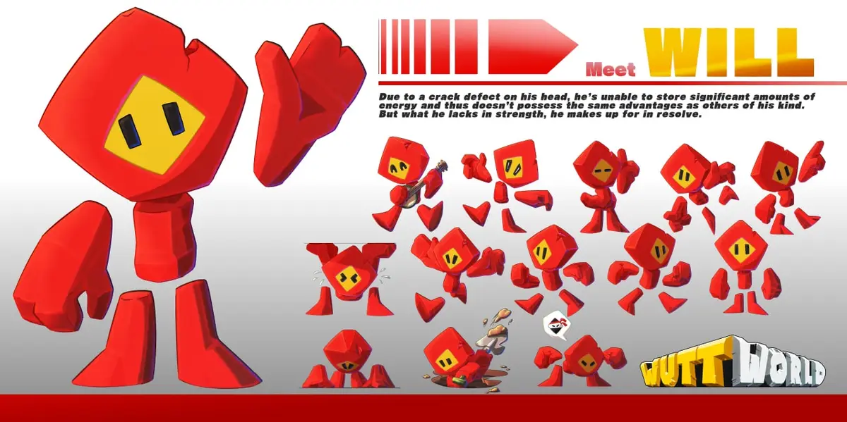A character design sheet for 'WILL' from 'WUTT WORLD' shows a red, blocky robot with a yellow faceplate and a crack on its…