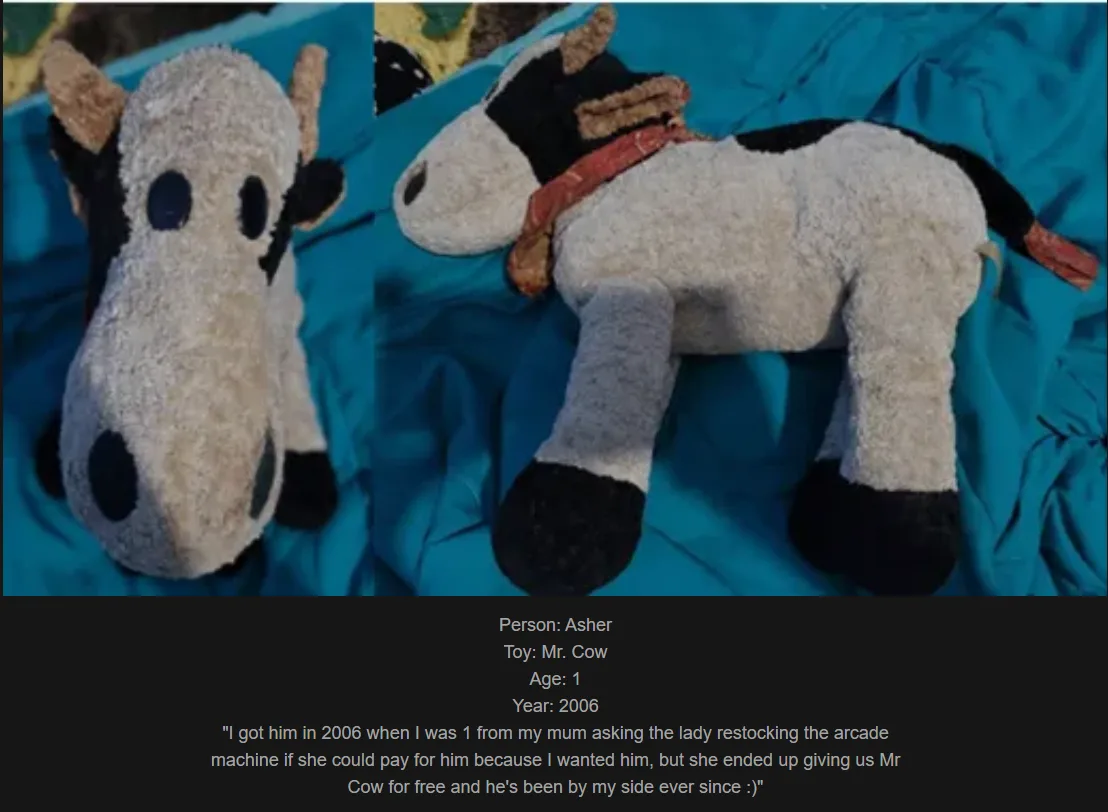 A split image shows a handmade plush cow toy from two angles, lying on a blue fabric surface. The cow has a white body with…