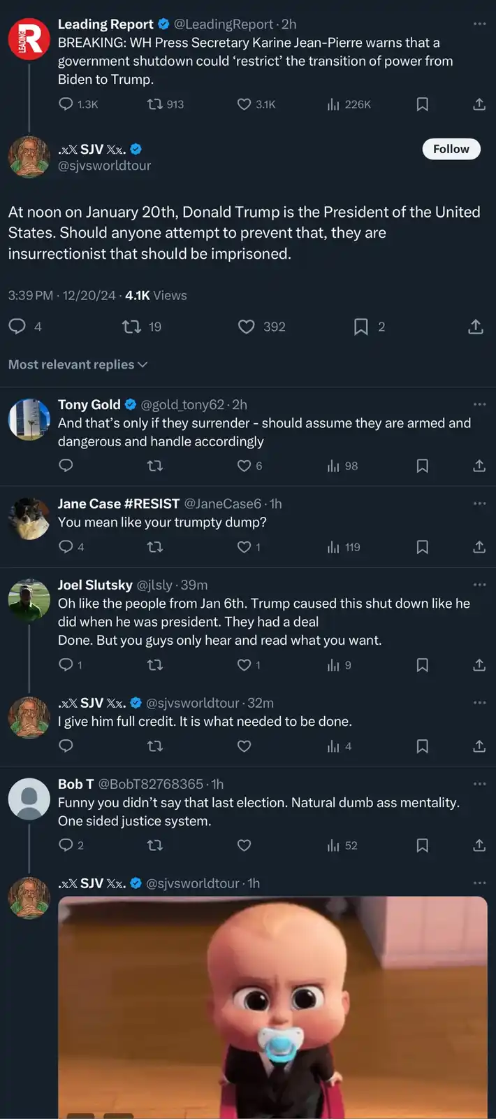 A screenshot of a Twitter thread shows a user named .xX SJV Xx. posting a tweet that claims Donald Trump will be president…