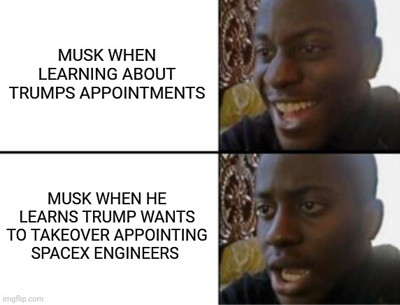 The image is a two-panel meme featuring the same man in both panels. In the top panel, he has a wide, amused smile. In the…