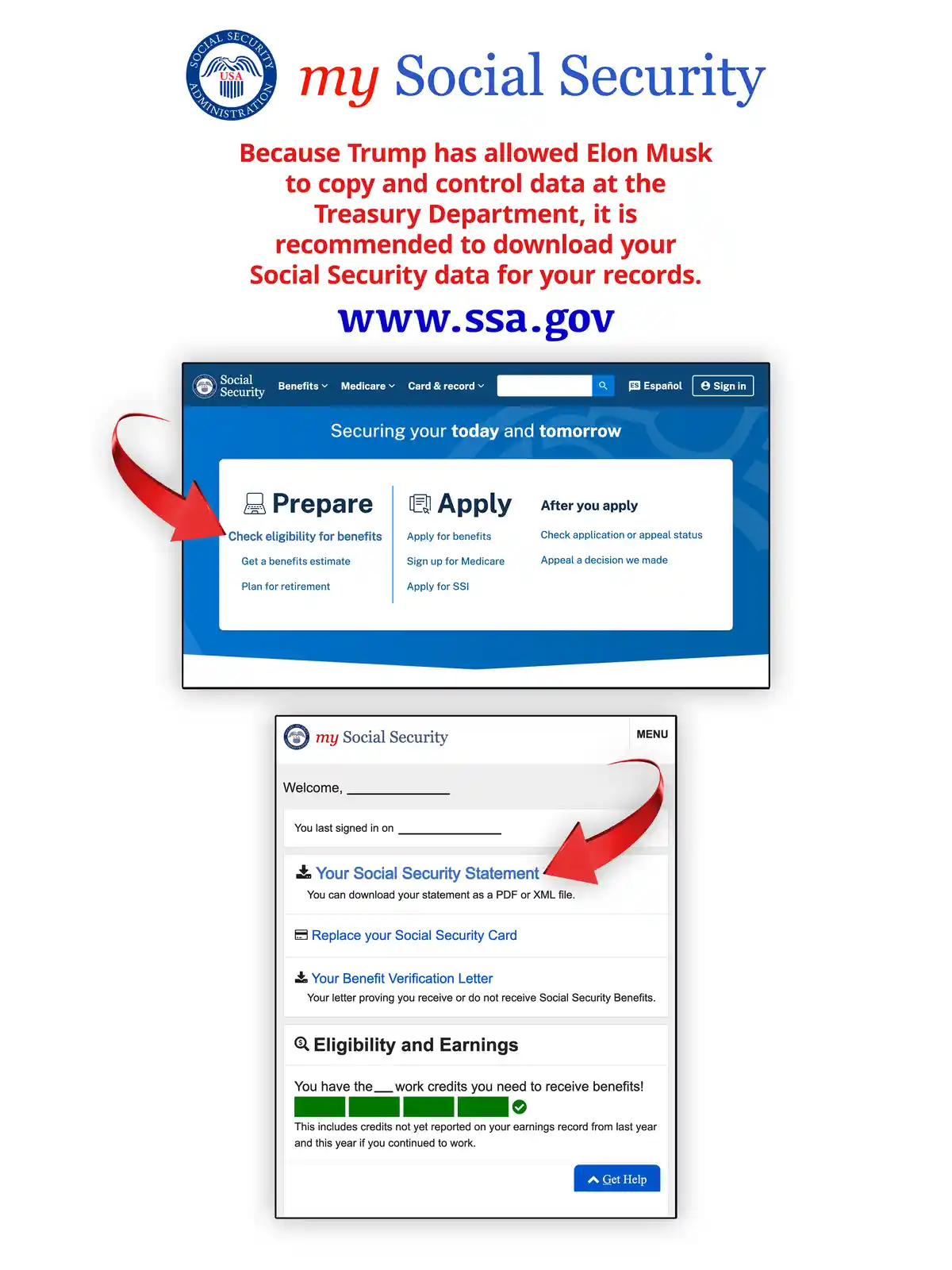 The image displays two screenshots of the 'my Social Security' website, with red arrows pointing to the 'Your Social…