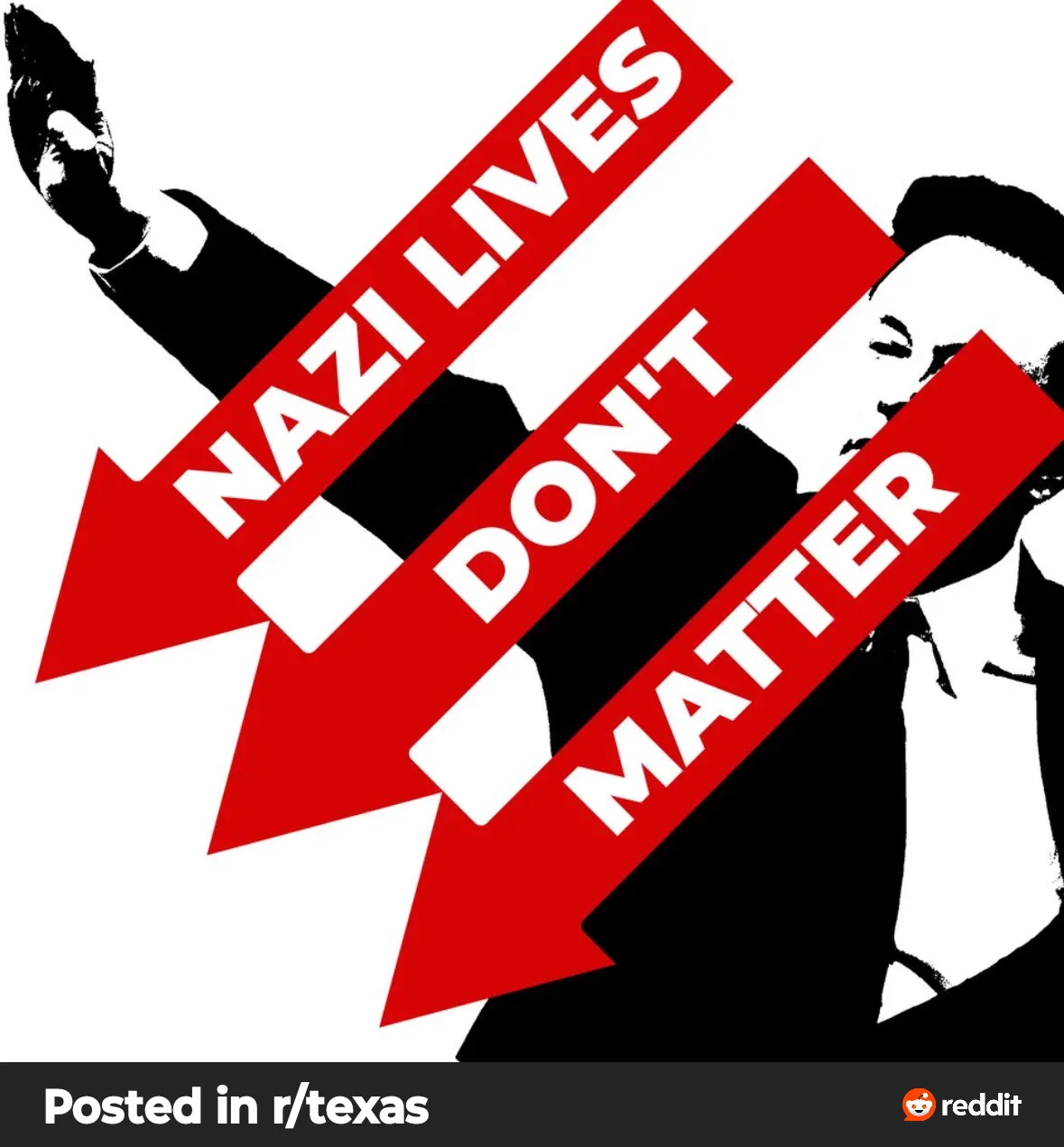 A black-and-white image shows a stylized silhouette of a person raising their right arm in a Nazi salute, overlaid with…