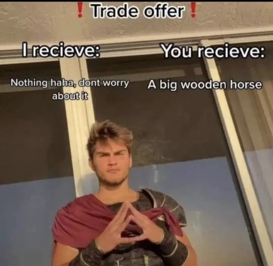 A man in a red toga and armor makes a 'trade' gesture with his hands, looking smug. Text above him reads 'Trade offer!' and…