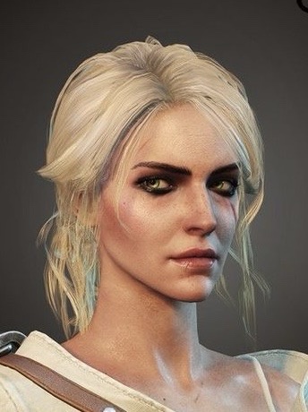 A close-up of a video game character with blonde hair and intense green eyes, wearing a leather-strapped outfit. The text…