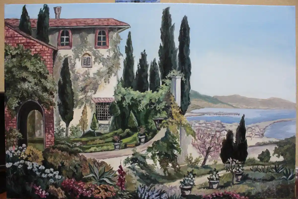 a painting depicts a picturesque villa with red-tiled roofs, surrounded by lush greenery and tall cypress trees, overlooking…