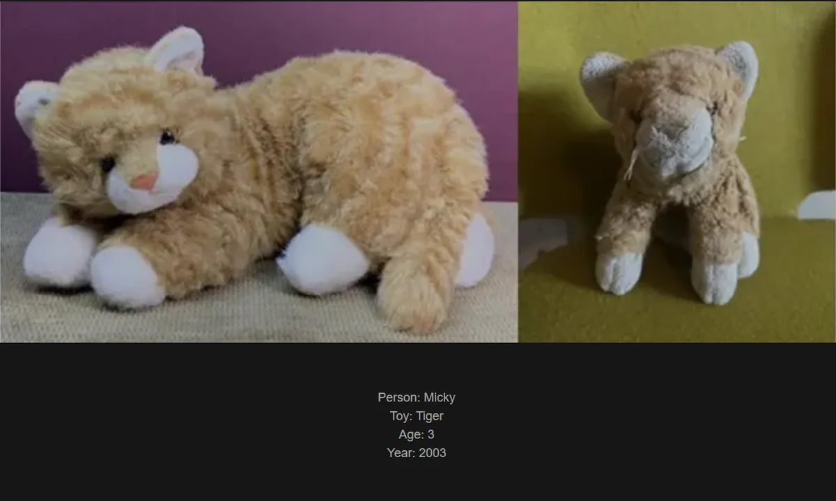 The image displays two side-by-side photos of a plush tiger toy. The left photo shows the toy lying down on a textured…