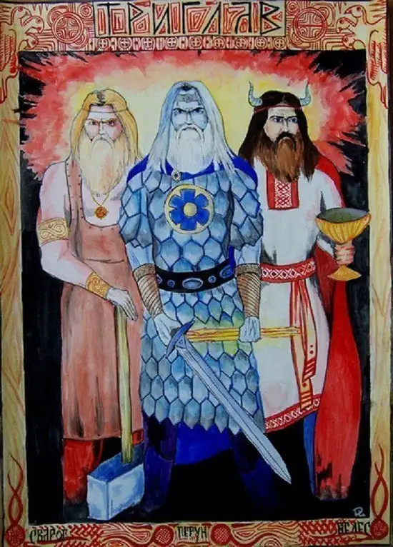 A stylized painting depicts three mythological Slavic figures standing side by side against a fiery red background. The…
