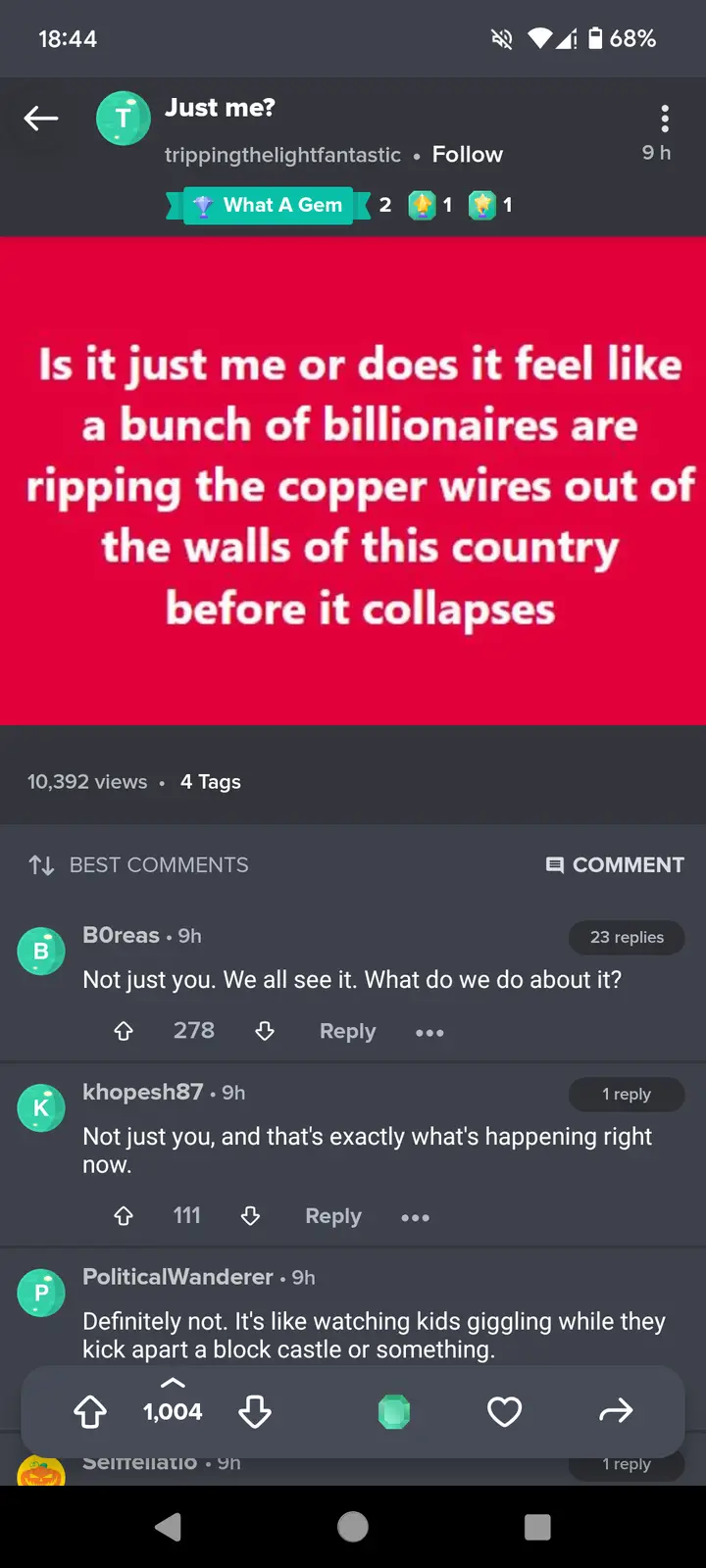 A screenshot of a social media post with a red background and white text reading 'Is it just me or does it feel like a bunch…