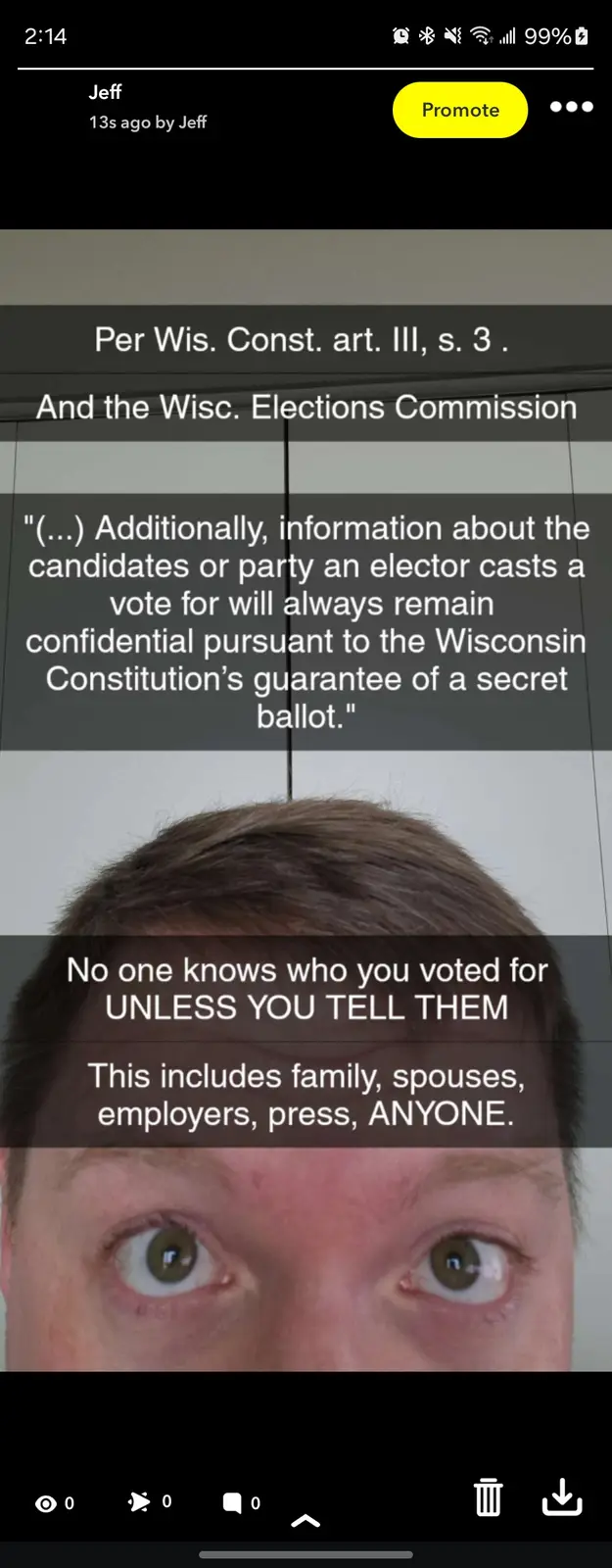 The image shows a close-up of a man's wide, startled eyes, overlaid with text quoting Wisconsin election law about secret…