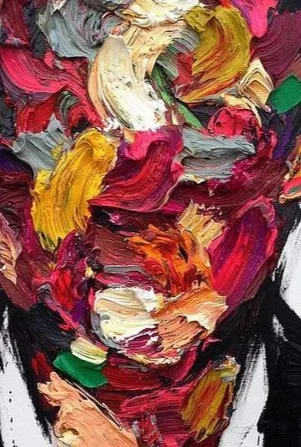A close-up of a thickly painted abstract expressionist artwork with swirling, textured brushstrokes in red, yellow, white…