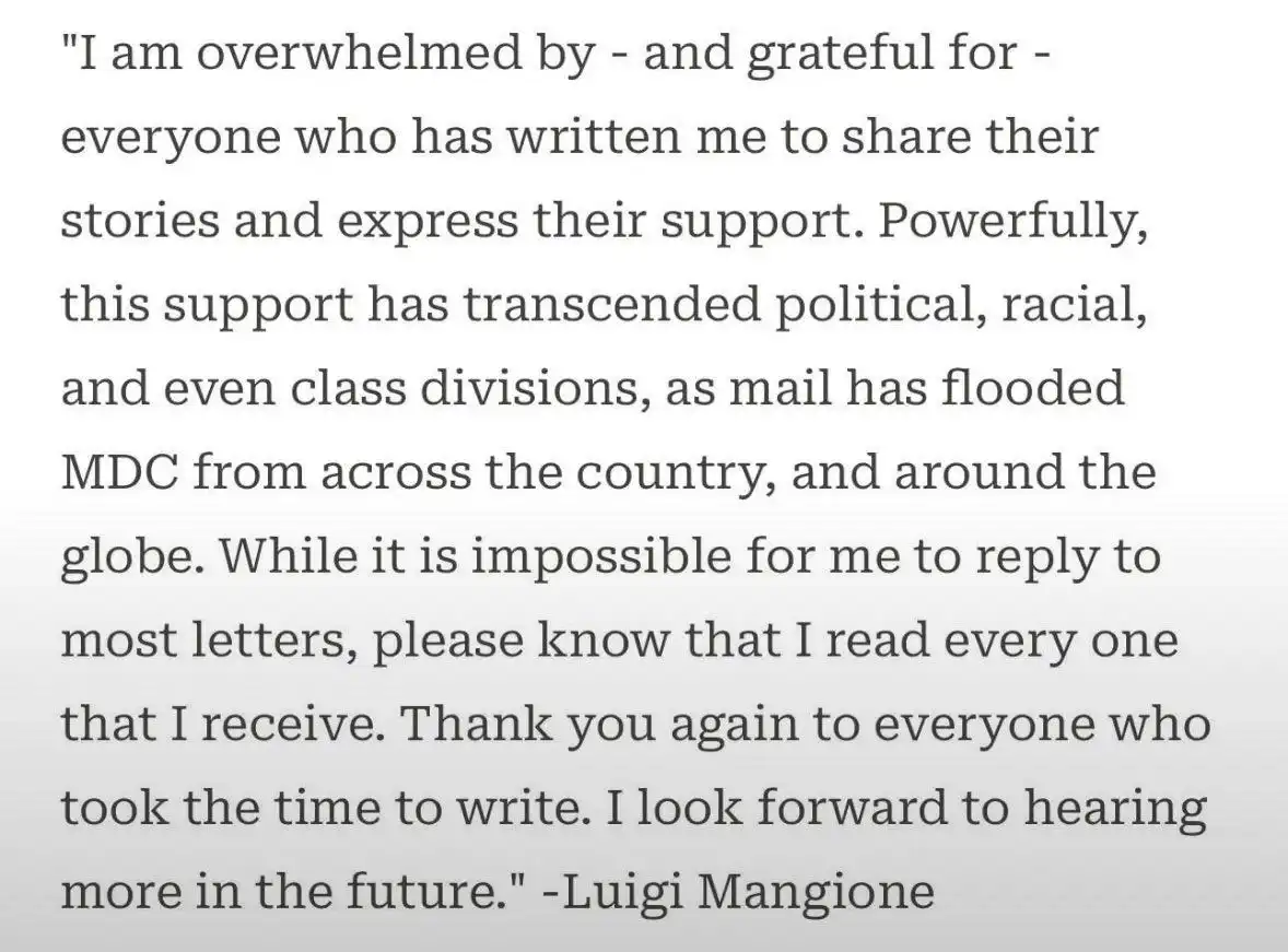 The image displays a block of text on a plain white background, which is a quote attributed to Luigi Mangione. The quote…