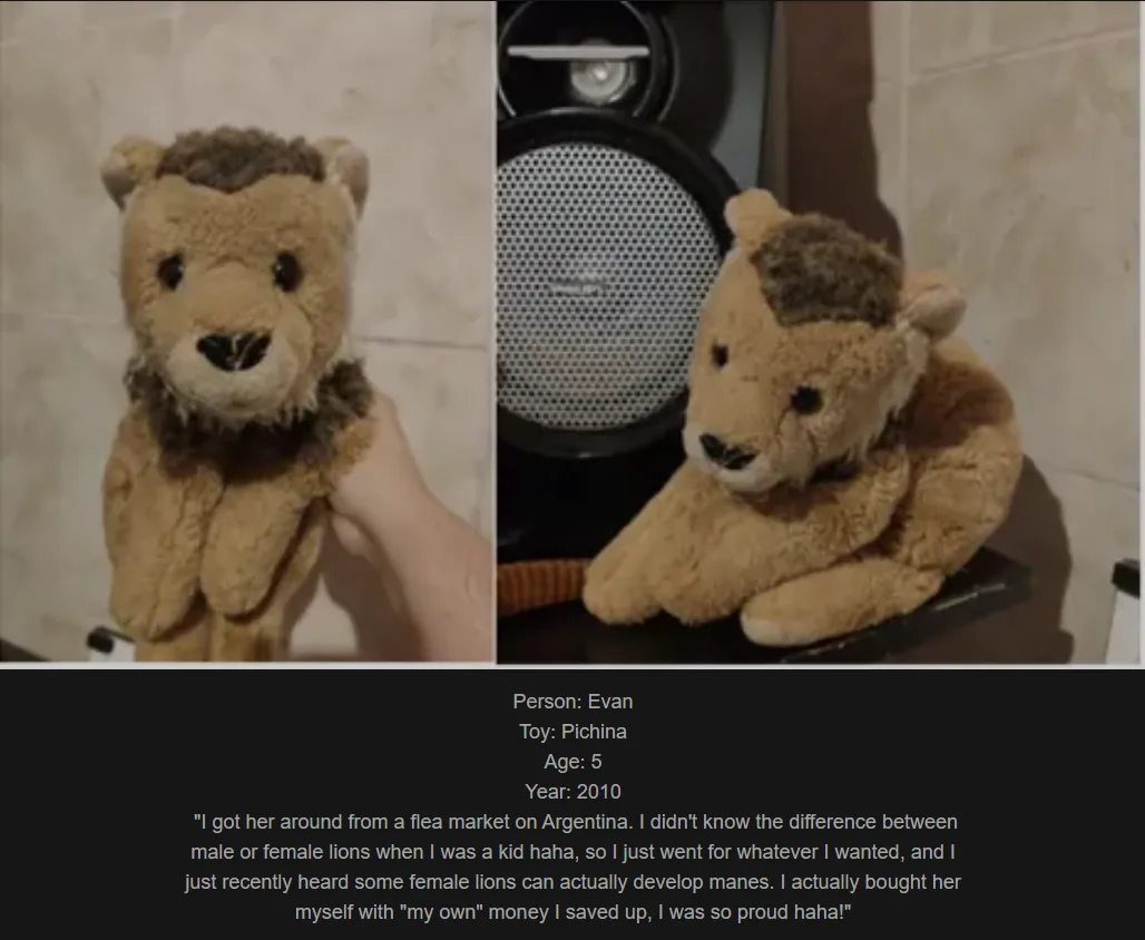 A split image shows a plush lion toy with a short, dark brown mane in both photos. The left photo shows a hand holding the…