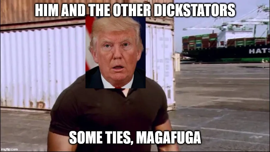 The image features a man in a black polo shirt standing in front of shipping containers, with a photo of Donald Trump…