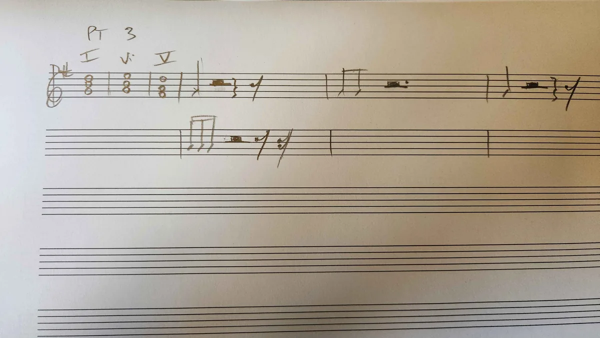 Handwritten sheet music on staff lines shows a simple melody with chord symbols I, V, and V above the notes. The top line…