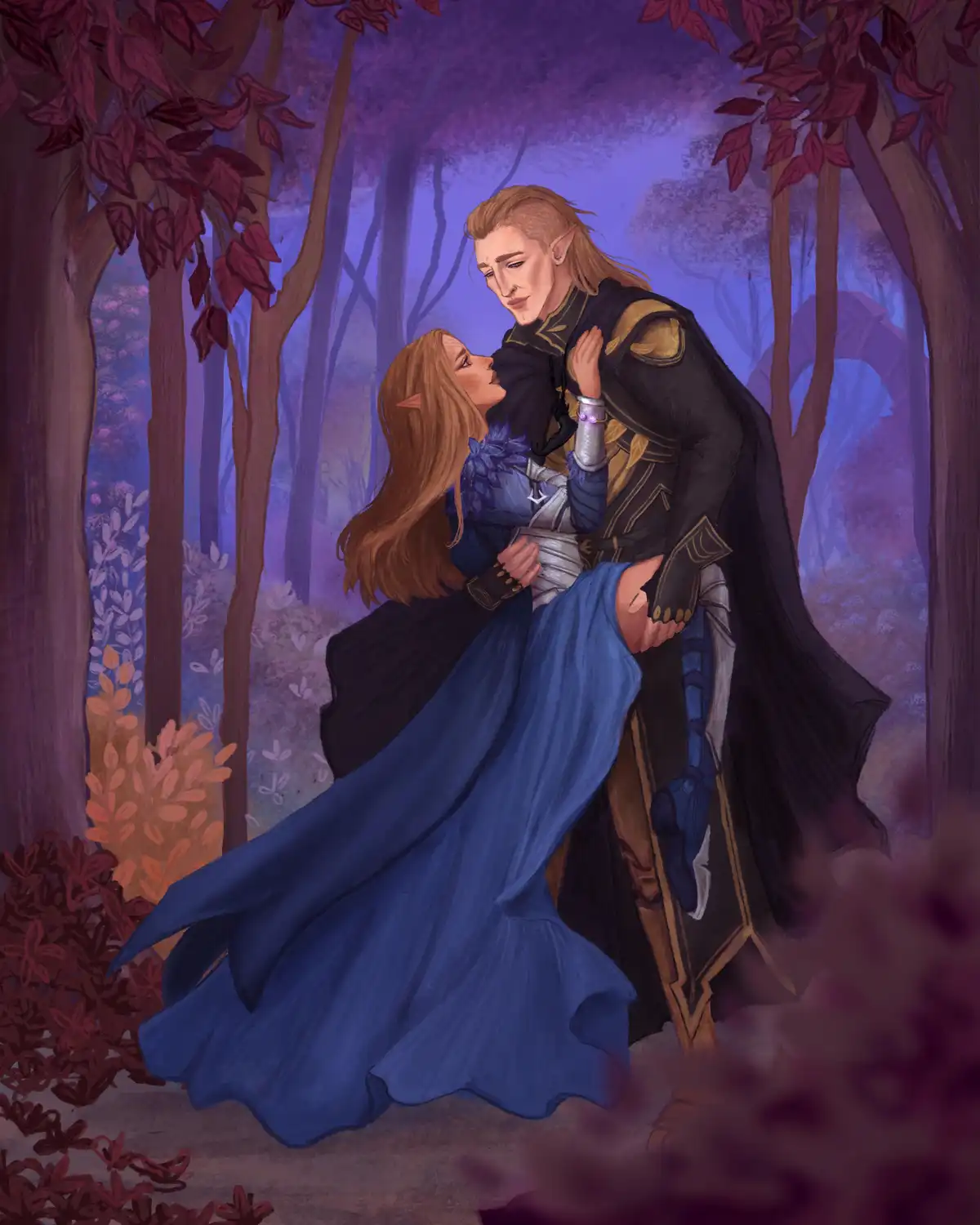 A romantic fantasy illustration shows two elves in a purple-hued forest, embracing tenderly. The male elf, in black and gold…