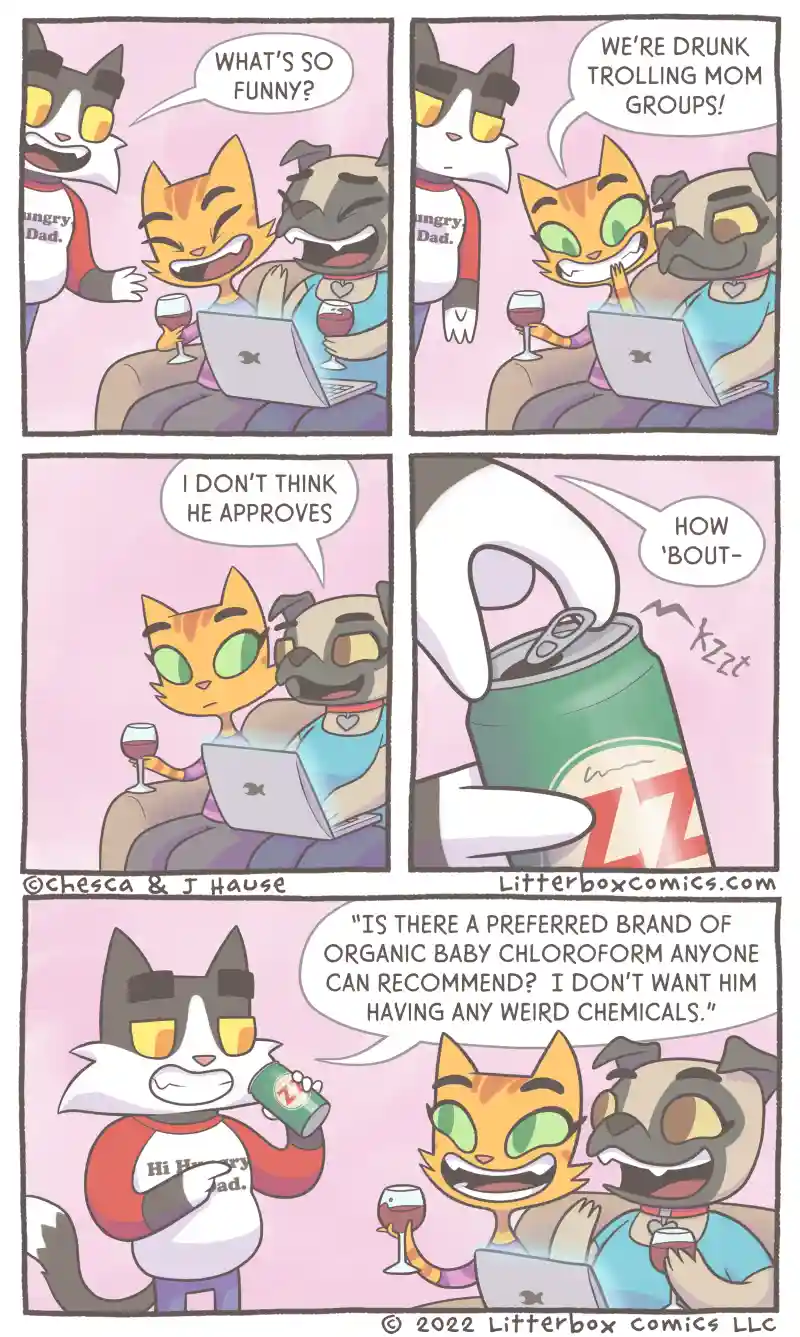 A four-panel comic strip featuring anthropomorphic cats and a dog drinking wine and beer while trolling online. The orange…