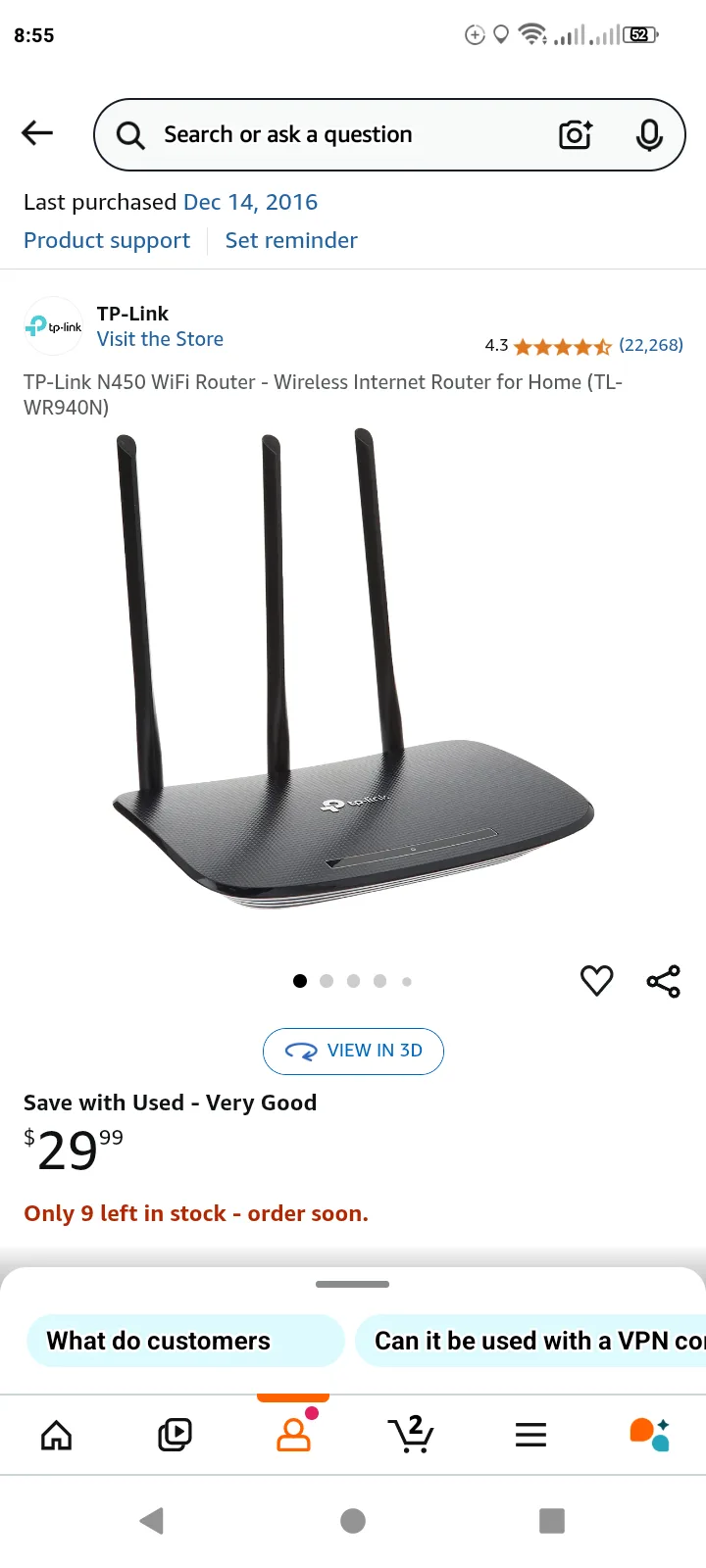 A screenshot of a used TP-Link N450 WiFi router product page shows a price of $29.99 and a red notice stating 'Only 9 left…