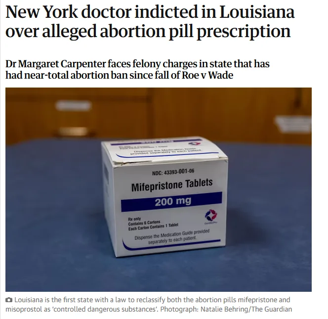 A close-up photo shows a white box of 'Mifepristone Tablets 200 mg' sitting on a blue surface. The box has text indicating…