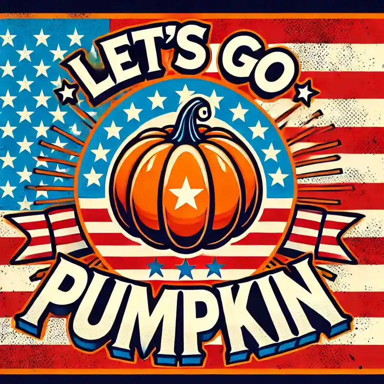 An American flag-themed graphic features a large orange pumpkin with a white star on its side, centered in a circular…
