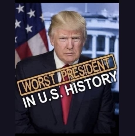 A photo of Donald Trump in a suit and red tie, standing in front of an American flag and the White House. Overlaid text in a…