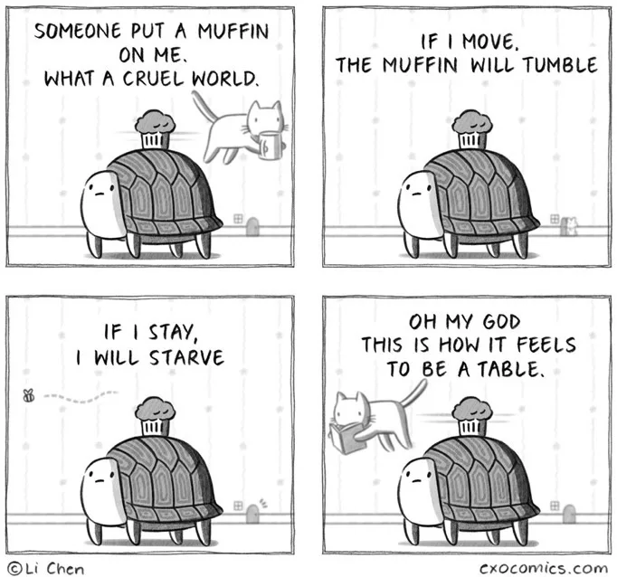 A four-panel comic strip shows a turtle with a muffin on its shell. In the first panel, a cat places the muffin on the…