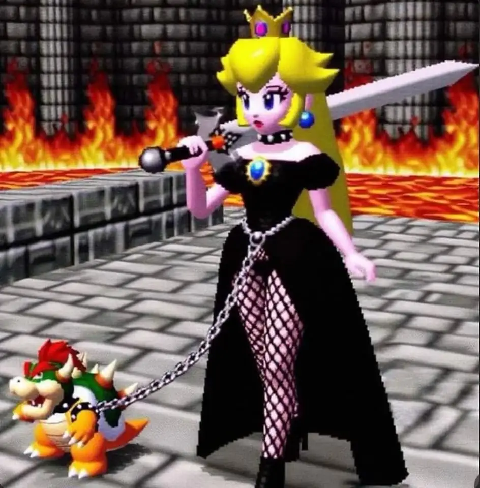 A character resembling Princess Peach from Mario games, dressed in a black gothic outfit with fishnet stockings and a crown…