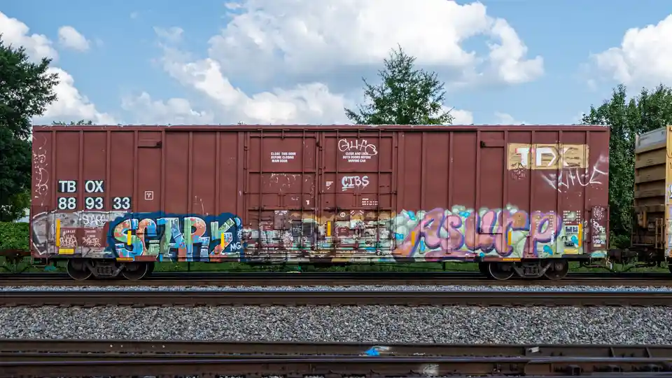 A rusty brown freight train car covered in colorful graffiti sits on railway tracks under a partly cloudy sky. The car has…
