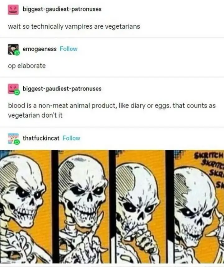 A four-panel comic strip shows a skeleton progressively getting more thoughtful and then smug, with the sound effect…