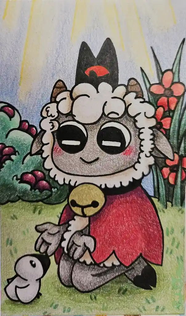 A hand-drawn cartoon sheep with cat ears and a black cat hat sits peacefully in a grassy field with flowers, holding a…