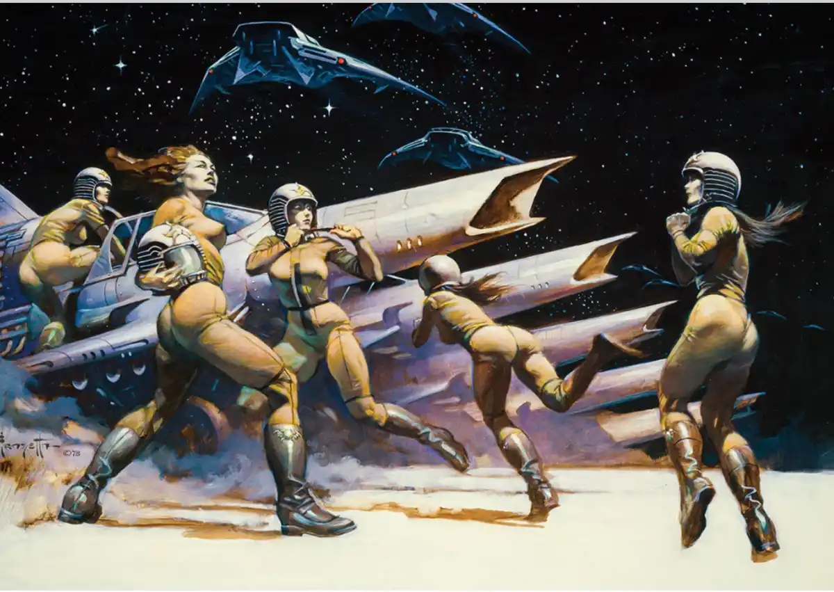 A vintage science fiction painting depicts several female astronauts in form-fitting yellow flight suits and helmets running…