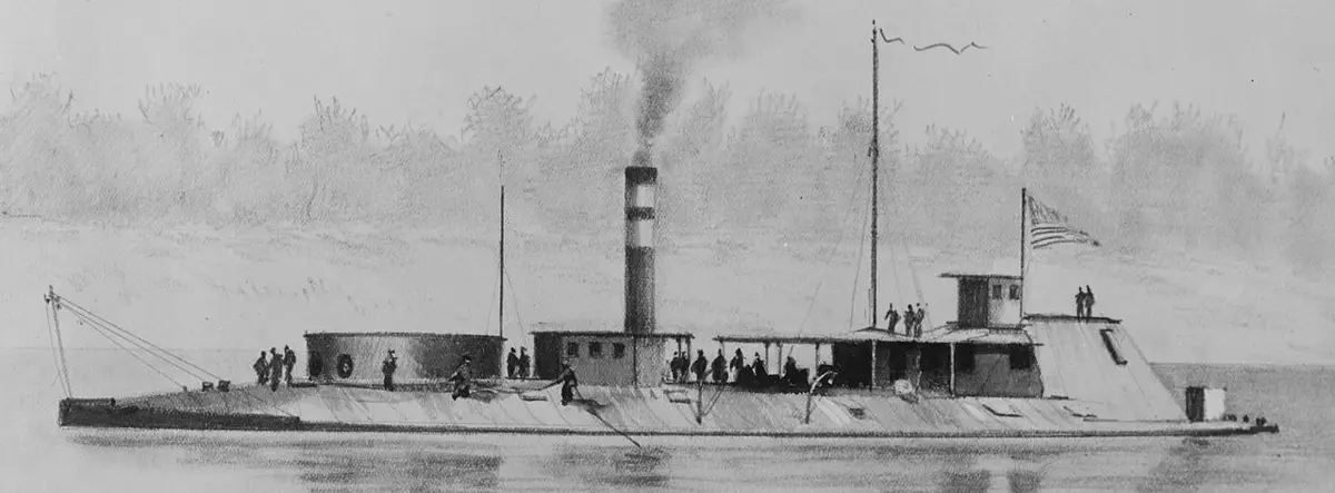 a historical black-and-white sketch depicts the u.s.s. monitor, an ironclad warship from the american civil war, sailing on…