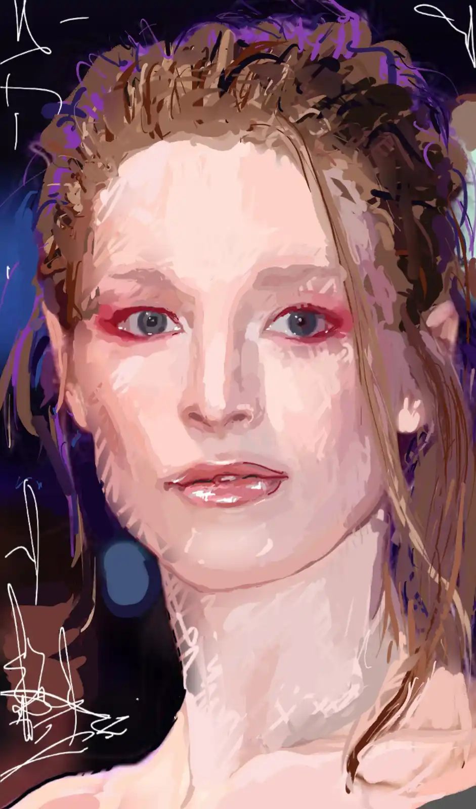 A stylized digital painting of a woman with reddened eyes and a neutral expression, overlaid with the text 'i'm not crying…