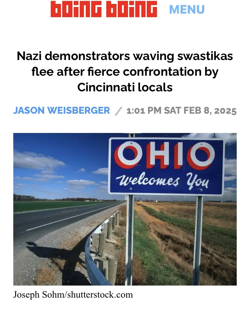 A stock photo of an 'Ohio Welcomes You' highway sign under a blue sky, overlaid with a fake news article headline claiming…