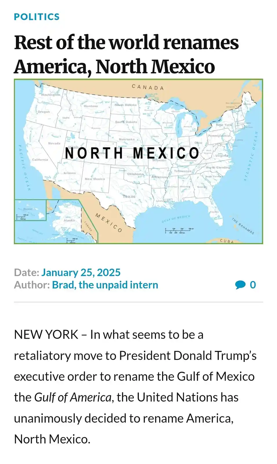A satirical news article mock-up shows a map of the United States with the text 'NORTH MEXICO' superimposed over the entire…