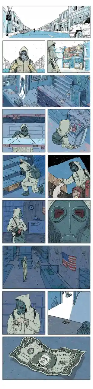 A comic strip depicts a person in a gas mask and hood walking through a desolate, abandoned convenience store. They search…