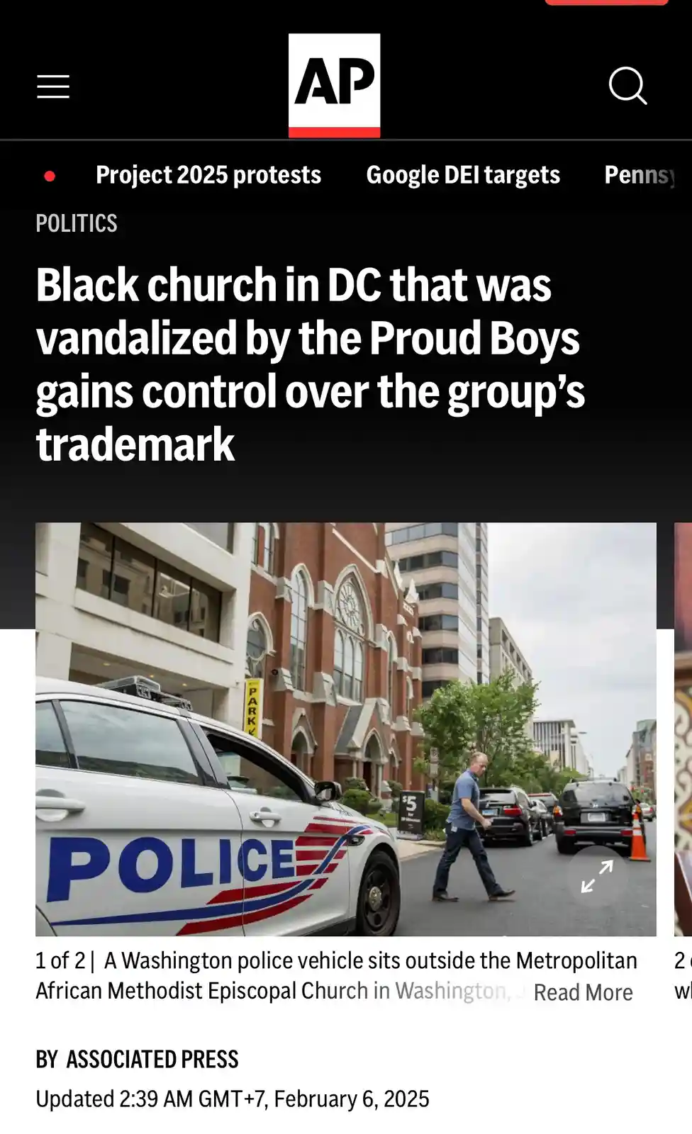 A screenshot of an Associated Press news article shows a police car parked outside a red-brick church, with a man walking…